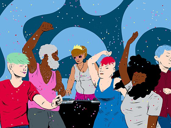 Es gibt eine queere Party auf der LSBTIQ Personen zur Musik tanzen. Ein*e DJ legt auf.