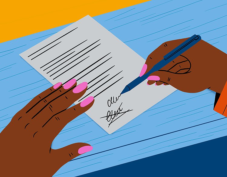Zwei Hände (einer Schwarzen/braunen Person) mit pink lackierten Nägeln unterschreiben ein Blatt Papier.