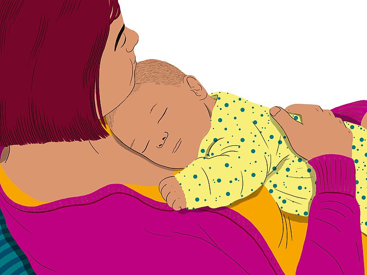 Eine Mutter liegt mit ihrem inter* Baby auf der Brust da. Beide haben die Augen geschlossen. 